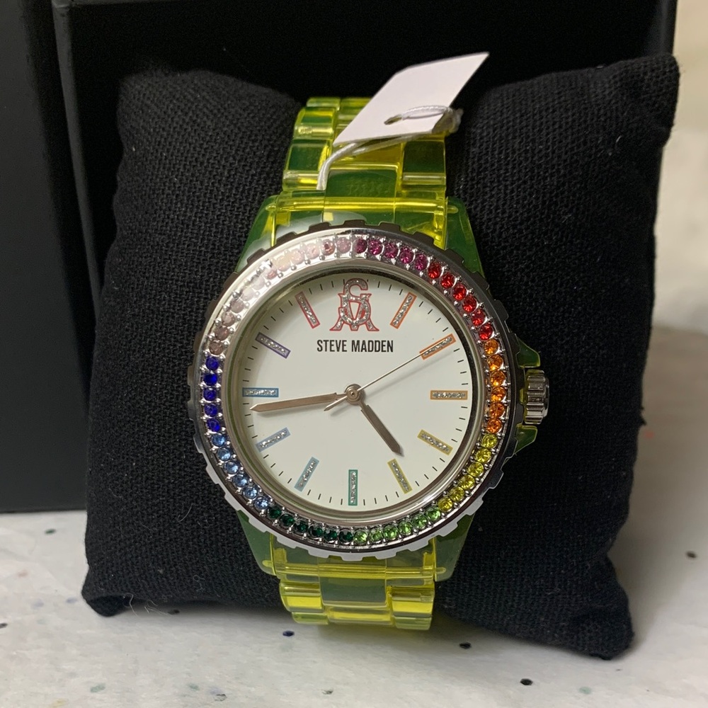 Steve Madden Analog Transparent 💛Plastic w/rainbow crystalWatch 40mm (NWT)